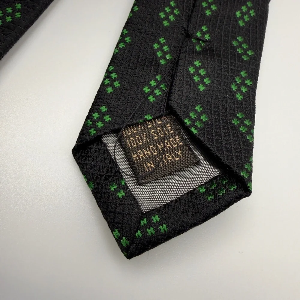 Valentino Necktie‎ Mens OS Black Green Geometric Silk Hand Made Italy Tie